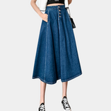 Falda larga para mujer - Corte en A - Vaquera - Casual Chic - Botones delanteros
