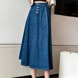 Falda larga para mujer - Corte en A - Vaquera - Casual Chic - Botones delanteros