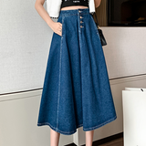 Falda larga para mujer - Corte en A - Vaquera - Casual Chic - Botones delanteros