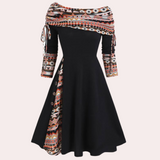 Vestido de mujer - Hombros descubiertos - Mangas 3/4 ajustables - Corte acampanado - Estampado étnico
