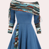 Vestido de mujer - Hombros descubiertos - Mangas 3/4 ajustables - Corte acampanado - Estampado étnico