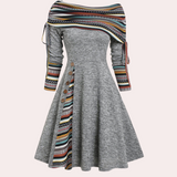 Vestido de mujer - Hombros descubiertos - Mangas 3/4 ajustables - Corte acampanado - Estampado étnico