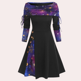 Vestido de mujer - Hombros descubiertos - Mangas 3/4 ajustables - Corte acampanado - Estampado étnico