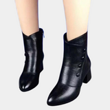 Botines de mujer – Tacón bloque – Punta redonda – Botones decorativos – Acabado texturizado
