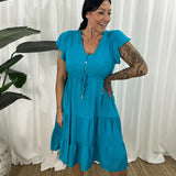 Vestido de mujer – Corte informal – Mangas con volantes – Cuello en V – Botones y cintura ajustable