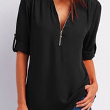 Blusa de mujer – Corte relajado – Cuello en V con cremallera – Mangas abotonadas – Tejido transpirable y fluido