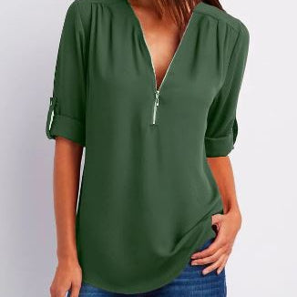 Blusa de mujer – Corte relajado – Cuello en V con cremallera – Mangas abotonadas – Tejido transpirable y fluido