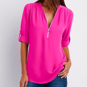 Blusa de mujer – Corte relajado – Cuello en V con cremallera – Mangas abotonadas – Tejido transpirable y fluido