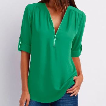 Blusa de mujer – Corte relajado – Cuello en V con cremallera – Mangas abotonadas – Tejido transpirable y fluido