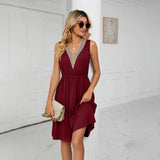 Vestido sin mangas para mujer - Cuello en V con detalles elegantes - Cintura ajustada - Falda asimétrica fluida