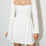 Minivestido de mujer - Escote cuadrado con perlas - Mangas largas - Corte elegante y evasé
