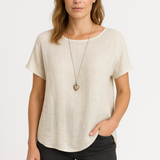 Camiseta de mujer – Corte holgado – Cuello redondo – Mangas cortas – Mezcla de lino transpirable