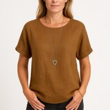 Camiseta de mujer – Corte holgado – Cuello redondo – Mangas cortas – Mezcla de lino transpirable