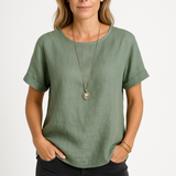 Camiseta de mujer – Corte holgado – Cuello redondo – Mangas cortas – Mezcla de lino transpirable