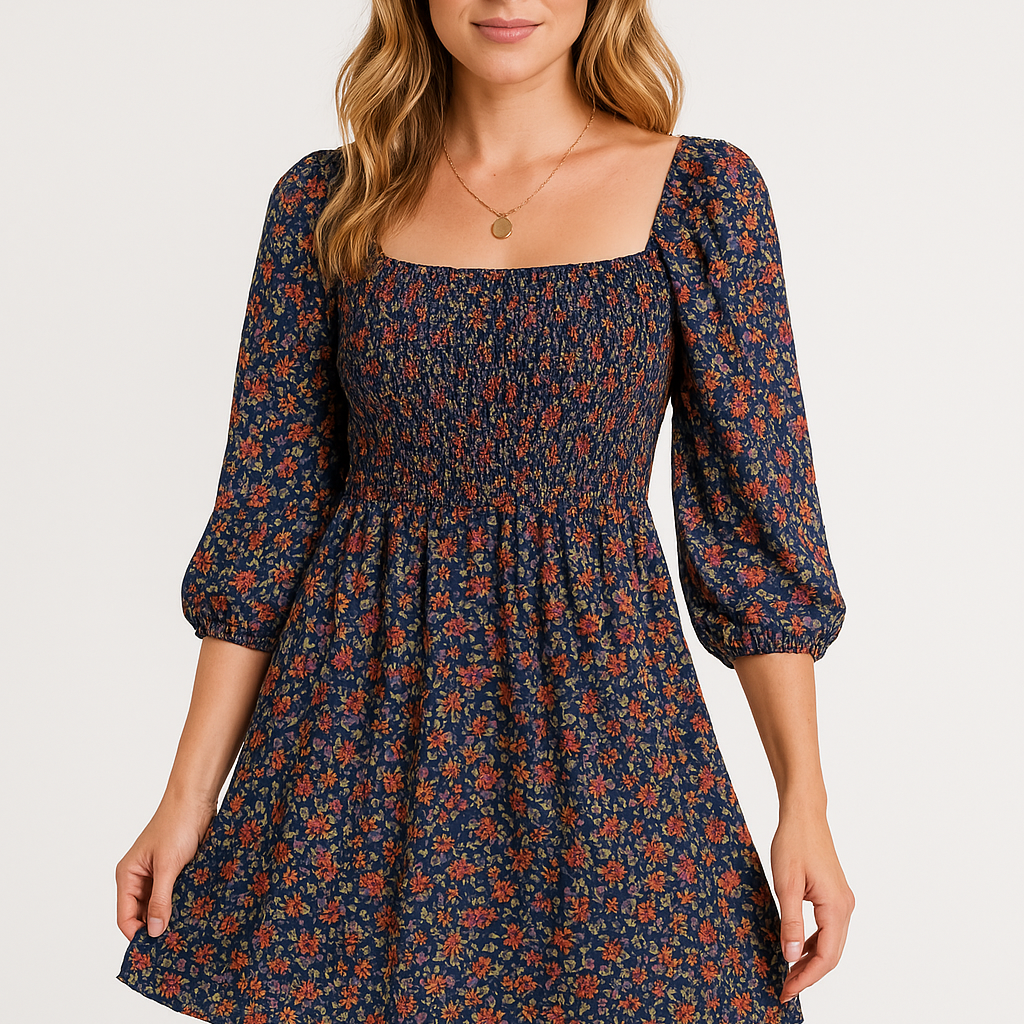 Vestido evasé para mujer – Algodón ligero – Mangas abullonadas – Cuello redondo – Estampado floral