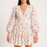 Vestido corto evasé para mujer – Cuello en V de encaje – Mangas largas abullonadas – Estampado floral