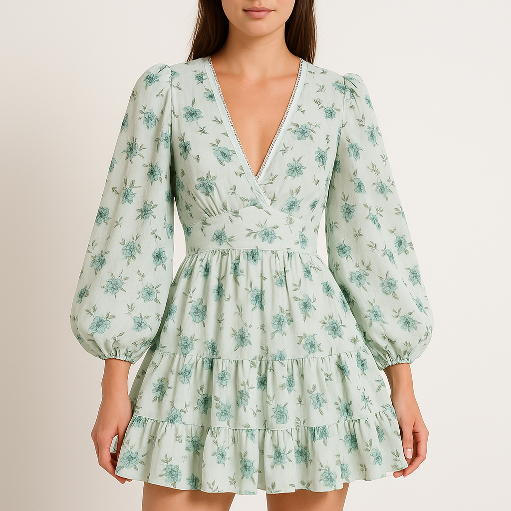 Vestido corto evasé para mujer – Cuello en V de encaje – Mangas largas abullonadas – Estampado floral