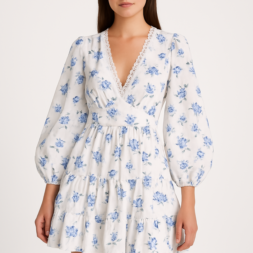 Vestido corto evasé para mujer – Cuello en V de encaje – Mangas largas abullonadas – Estampado floral