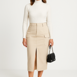 Falda midi de mujer – Cintura alta – Corte ajustado – Tejido estructurado – Bolsillos cargo