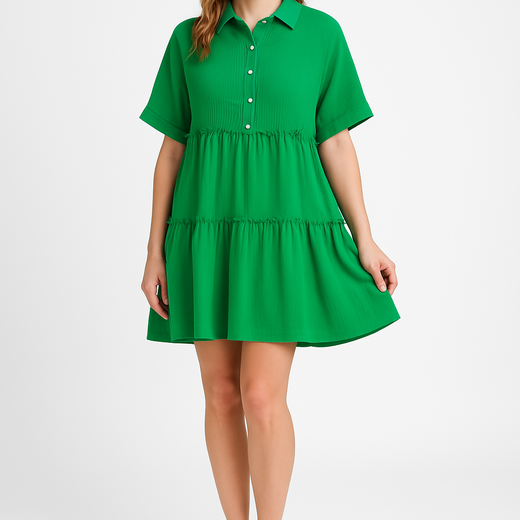 Vestido corto de mujer – Cuello camisero – Lino de algodón – Corte holgado – Mangas cortas acampanadas