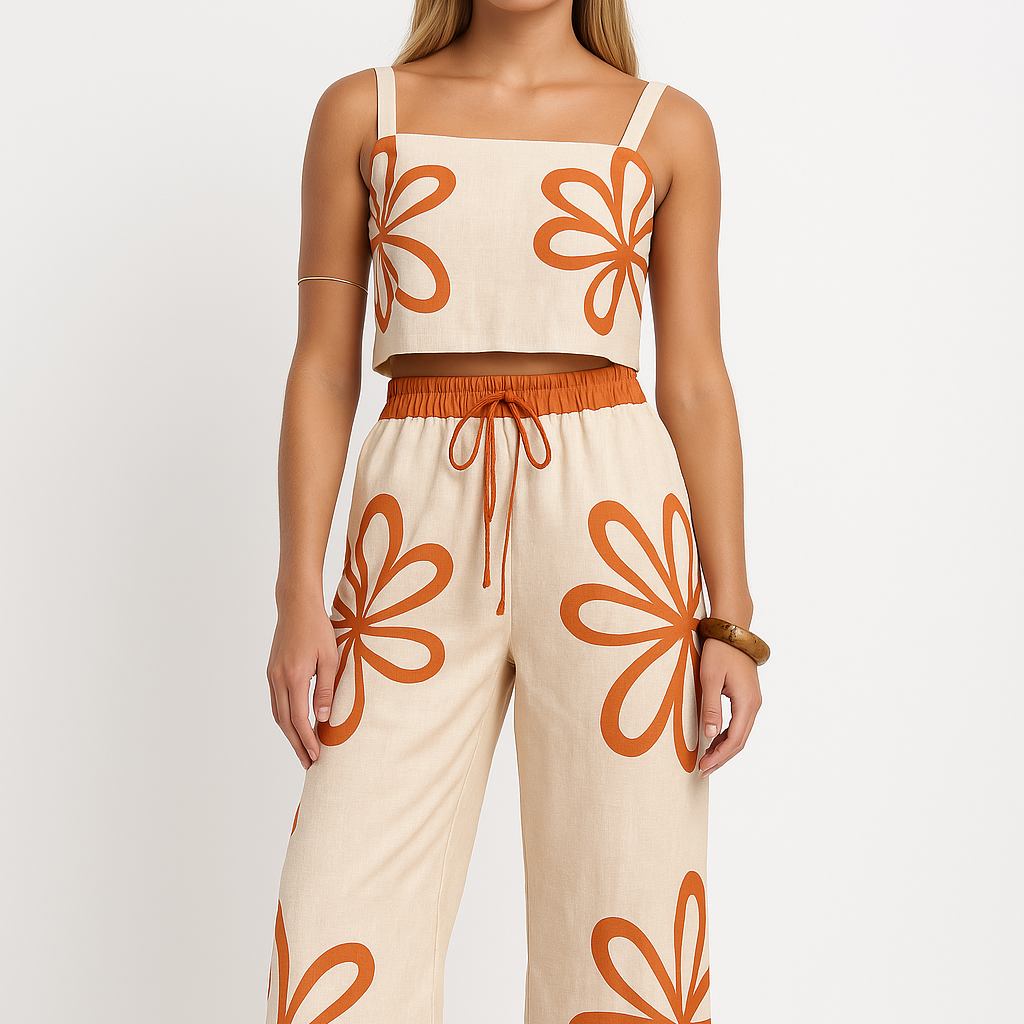 Conjunto de camiseta de tirantes acanalada y pantalón ancho para mujer, estampado floral, tejido ligero.