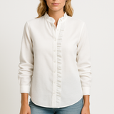 Blusa de mujer – Corte holgado – Tejido texturizado – Mangas largas – Tapeta de botones con volantes