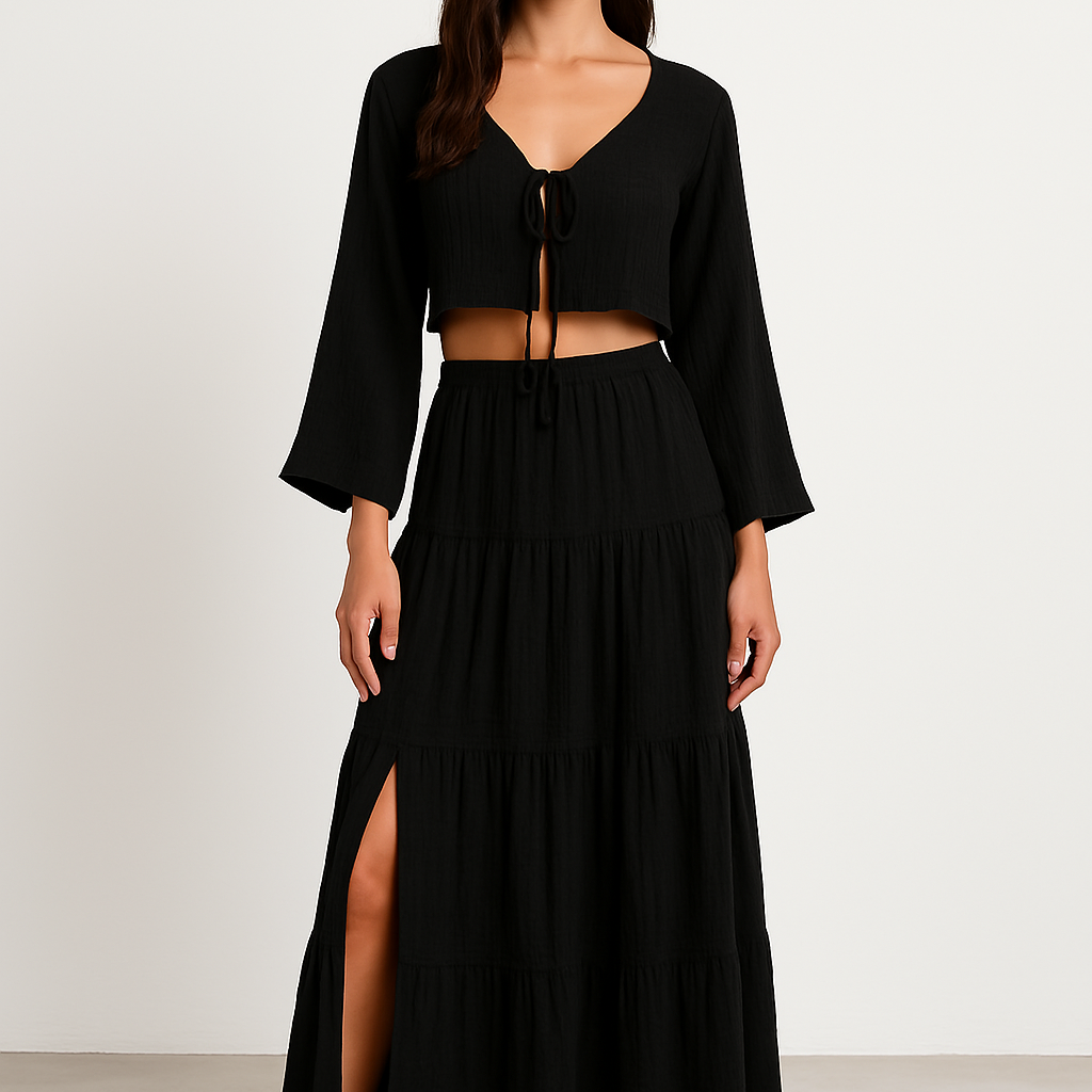 Conjunto de dos piezas para mujer: algodón y lino, chaleco corto con lazo en la parte superior y falda larga con abertura.
