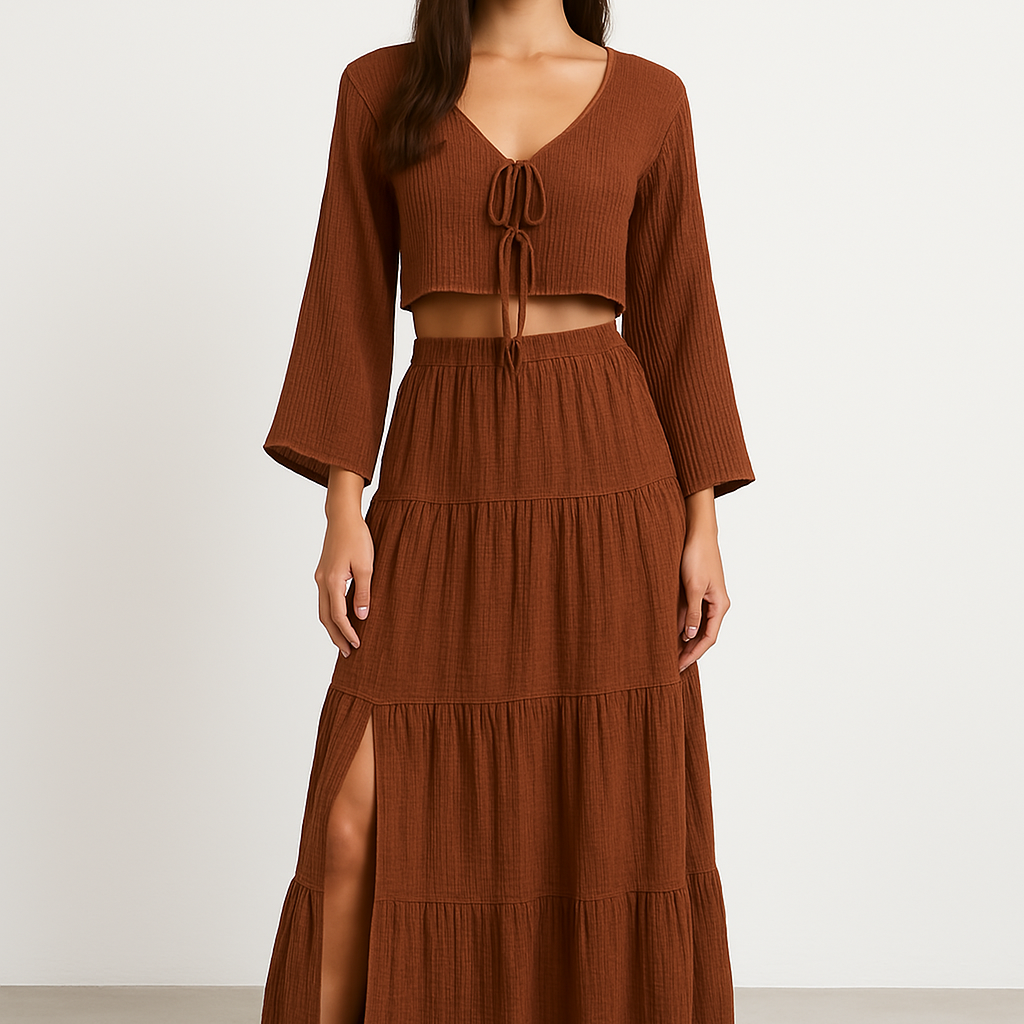 Conjunto de dos piezas para mujer: algodón y lino, chaleco corto con lazo en la parte superior y falda larga con abertura.