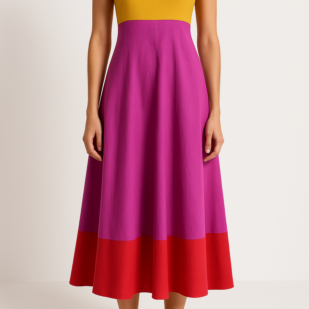Vestido de verano para mujer – Corte evasé – Tirantes finos – Tejido ligero y transpirable – Estampado de bloques