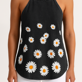 Camiseta de tirantes para mujer – Denim ligero – Corte holgado – Tirantes finos – Estampado de margaritas
