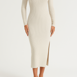 Vestido de punto para mujer – Corte entallado – Escote cuadrado – Mangas largas – Abertura lateral