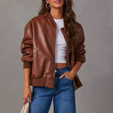 Chaqueta de mujer – Corte relajado – Piel lisa – Ribete de canalé – Cierre de cremallera