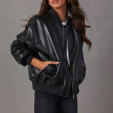 Chaqueta de mujer – Corte relajado – Piel lisa – Ribete de canalé – Cierre de cremallera