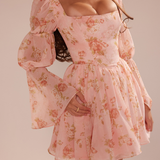 Vestido mini de mujer – Mangas largas abullonadas – Escote cuadrado – Corte evasé