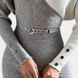 Vestido de suéter para mujer - Corte ajustado - Cuello en V cruzado - Mangas largas abotonadas