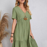 Vestido informal para mujer - Corte acampanado - Mangas cortas - Cuello en V - Tejido ligero