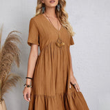 Vestido informal para mujer - Corte acampanado - Mangas cortas - Cuello en V - Tejido ligero