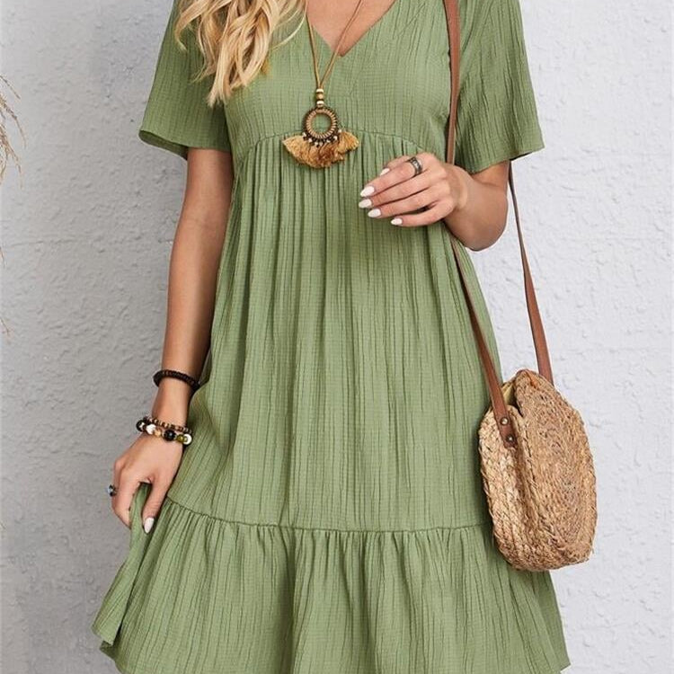 Vestido informal para mujer - Corte acampanado - Mangas cortas - Cuello en V - Tejido ligero