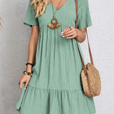 Vestido informal para mujer - Corte acampanado - Mangas cortas - Cuello en V - Tejido ligero