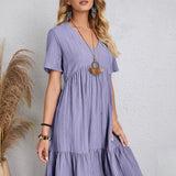 Vestido informal para mujer - Corte acampanado - Mangas cortas - Cuello en V - Tejido ligero