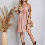 Vestido informal para mujer - Corte acampanado - Mangas cortas - Cuello en V - Tejido ligero