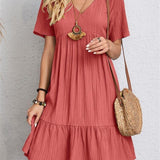 Vestido informal para mujer - Corte acampanado - Mangas cortas - Cuello en V - Tejido ligero