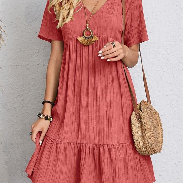 Vestido informal para mujer - Corte acampanado - Mangas cortas - Cuello en V - Tejido ligero