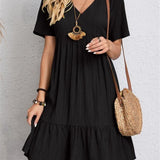 Vestido informal para mujer - Corte acampanado - Mangas cortas - Cuello en V - Tejido ligero