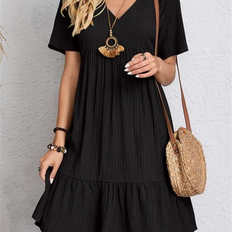 Vestido informal para mujer - Corte acampanado - Mangas cortas - Cuello en V - Tejido ligero