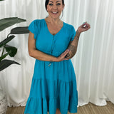 Vestido de mujer – Corte informal – Mangas con volantes – Cuello en V – Botones y cintura ajustable