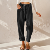 Pantalones cónicos para mujer – Cintura alta – Tejido de canalé suave – Corte holgado y plisado