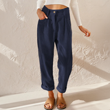 Pantalones cónicos para mujer – Cintura alta – Tejido de canalé suave – Corte holgado y plisado