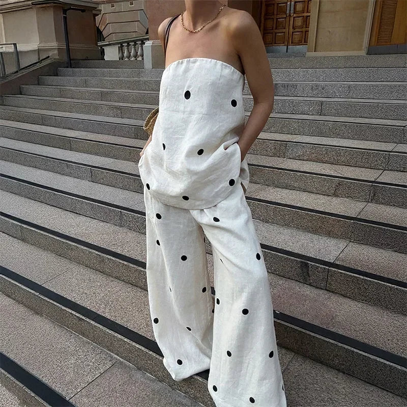 Conjunto de dos piezas para la oficina: top de tubo de lunares y pantalón ancho