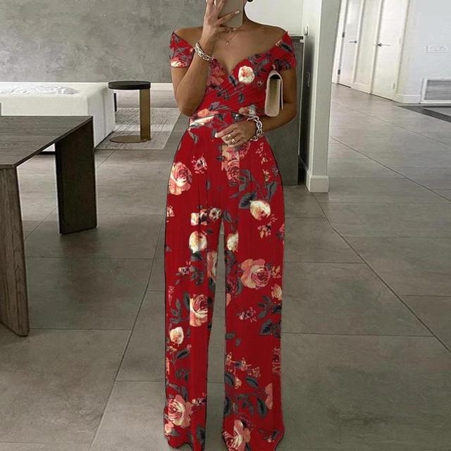Mono de mujer - Hombros descubiertos - Cintura ajustada - Piernas anchas - Estampado floral